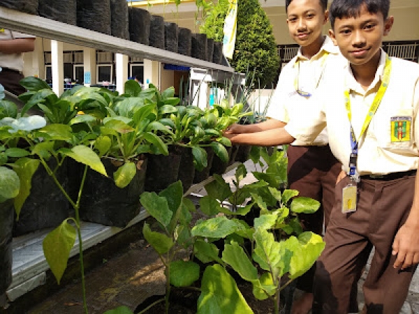 TANAM. Siswa SMP Mutual Kota Magelang menfaatkan pot untuk bercocok tanam. (foto: ist)