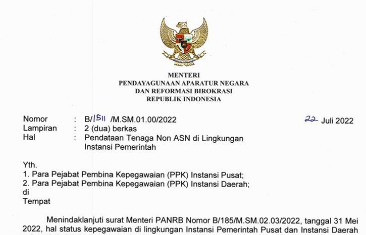 SURAT. Screenshot Surat Menteri PANRB Nomor B/1511/M.SM.01.00/2022 tanggal 22 Juli 2022 tentang Pendataan Tenaga Non-ASN di Lingkungan Instansi Pemerintah. (sumber: setkab)