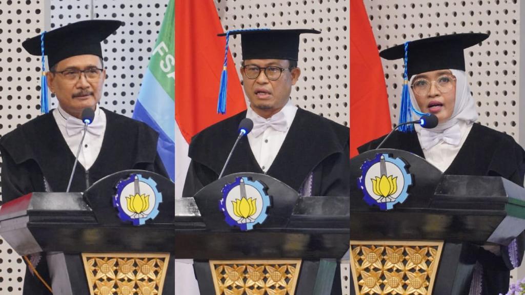 PROFESOR. Dari kiri ke kanan Prof Dr Drs Muhammad Mashuri MT, Prof Suntoyo ST MEng PhD, dan Prof Nurul Widiastuti SSi MSi PhD. (foto: its)