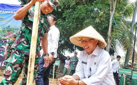 TANAM JAGUNG. Sekretaris Daerah Kabupaten Magelang Adi Waryanto bersama Kasdam IV/Diponegoro, Brigjen TNI Ujang Darwis, Dandim 0705/Magelang Letkol Inf Jarot Susanto, dan jajaran Forkompimda saat melakukan penanaman jagung pada lahan kosong di kelurahan Wates. (foto: prokompimkabmgl)