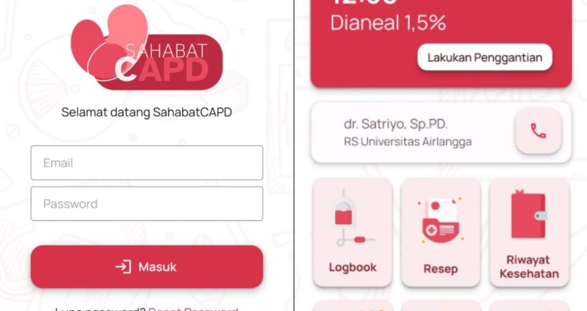 UTAMA. Tampilan awal dan tampilan utama dari aplikasi SahabatCAPD, hasil pengembangan tim peneliti ITS. (foto: ist)