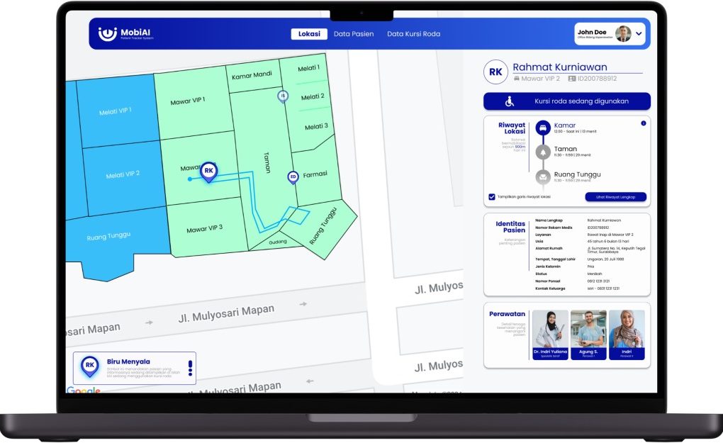 KURSI. Tampilan MobiAi Patient Tracker System, laman pemantau dan pelacak kursi roda yang dirancang tim mahasiswa ITS. (foto: its)